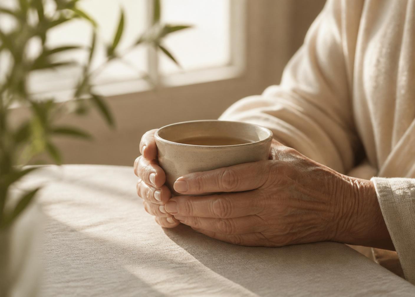 Senior's hands holding a warm mug